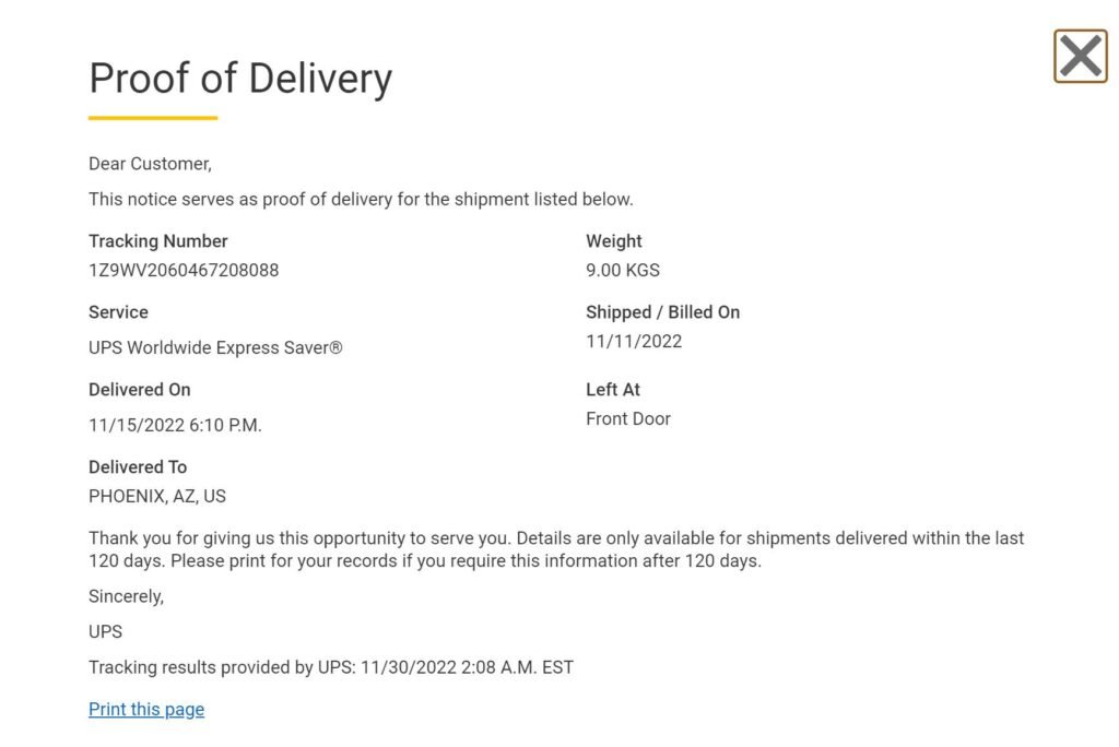 إثبات التسليم من UPS